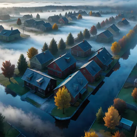 fog covers the water and houses in a small town