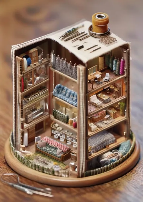 a miniature of a model of a house , A sewing needle stitches together fabric, weaving a micro world of threads into garments tha...