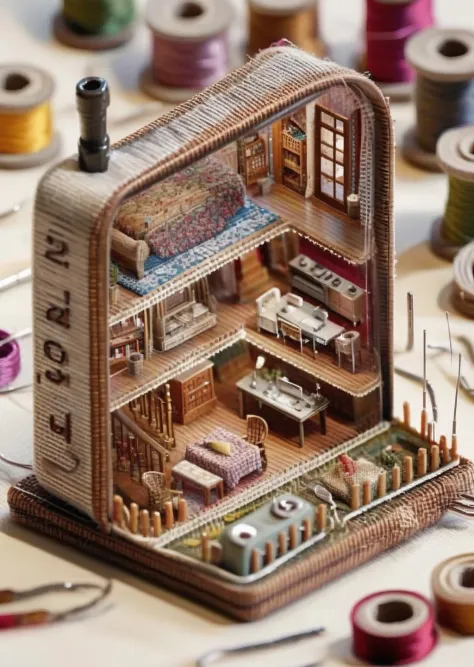 a miniature of a model of a house inside a A sewing needle stitches together fabric, weaving a micro world of threads into garments that tell stories. , incredibly detailed, a microscopic photo, photorealism<lora:Microverse_Creator_sdxl:1.0>