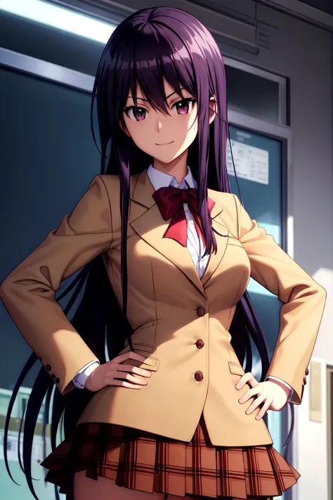 (masterpiece), (prefect composition), prefect anatomy, illustration, extremely detailed, dynamic angle, 1girl, amakusa_shino_seitokaiyakuindomo, solo, long bangs, standing, hands on hips, confident, smile, school_uniform, blazer, plaid_skirt, after school, focus sharp, advanced cg, amazing quality.
<lora:amakusa_shino_seitokaiyakuindomo:0.6> <lora:add_detail:0.25>