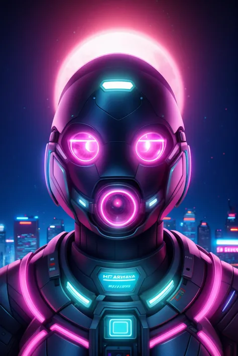 a futuristic robot with glowing eyes and glowing lights in the city