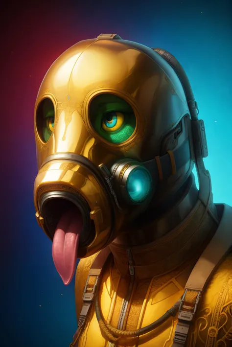 a close up of a person wearing a gas mask with a tongue