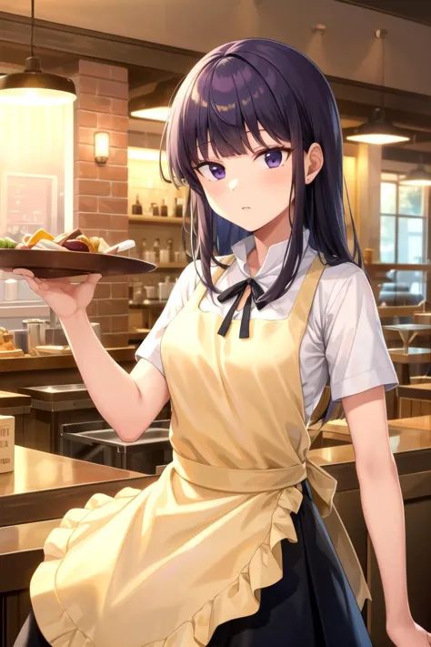 anime girl in apron holding a plate of food in a kitchen