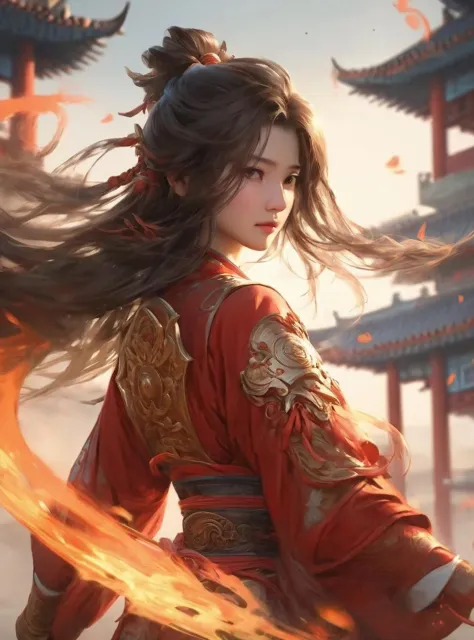 Meilleure qualité, chef-d&#39;œuvre, ultra haute résolution, 1 fille, Cheveux flottants, Réaliste skin, mouvements dynamiques, seulement, vêtements chinois, armure, (flamme: 1.2), lune, flou, Réaliste, jeu de synthèse, Zen chinois
