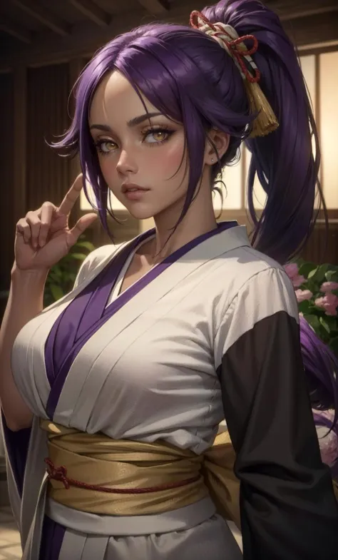 Yoruichi, dunkelhäutige Frau, dunkle Haut, lila Haare, gelbe Augen, Kimono, fotorealistisch, octane render, beste Qualität, Betrachter betrachten, herunterschauen, scharfer Fokus, (8k), (4k), (Meisterwerk), (beste Qualität), (realistische Hautstruktur), Extrem detailliert, kompliziert, hyperdetailliert, , Illustration, sanfte Beleuchtung, , Hohe Auflösung, scharfe Details, erröten