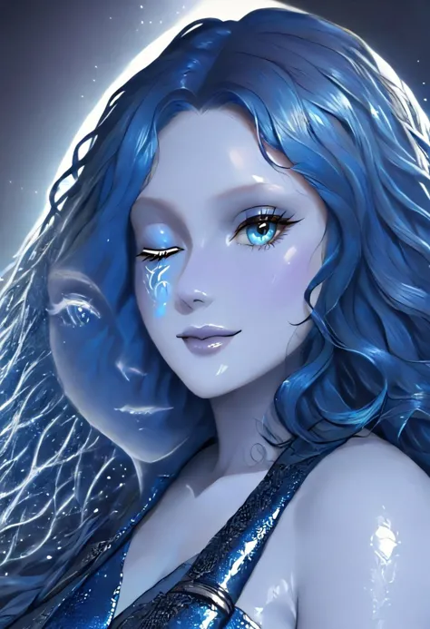 ranni, elden ring, blue skin, extra faces, one eye closed, blue eyes, navy blue hair, long wavy hair, shinny metallic dress, shi...