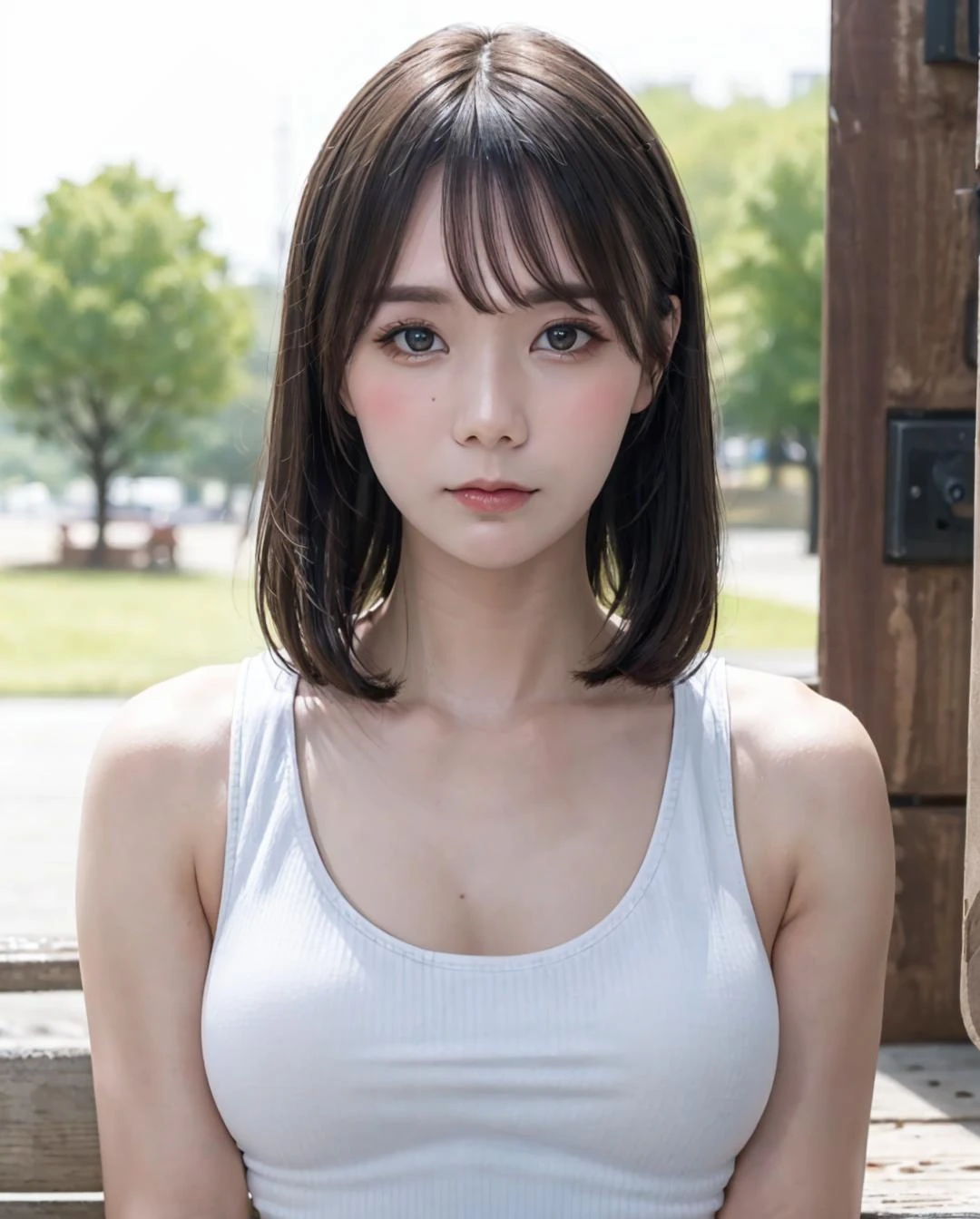 best quality, photorealistic, 8k, high res, full color, 1girl, woman, 20 years old woman, (closed mouth:1.73), (skindentation), (portrait:0.6), trees, park bench, daylight, ((park background:1.52)), full color, ((tanktop jersey:1.78)), looking at viewer:1.8, (1girl eyes looking at viewer:1.55), (medium hair, blackhair, partedbangs:1.45), (bokeh), 