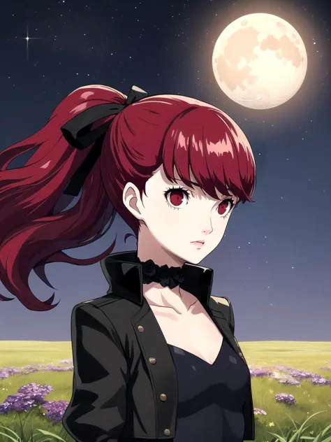 masterpiece, best quality, 1girl, solo, dsviolet, red hair, long hair, ponytail, red eyes, black ribbon, hair ribbon, black leotard, jacket, red gloves, thighhighs, choker, frilled sleeves, silver rose, grass field, night sky, moon, detailed background, upper body
 <lyco:dskasumi-v2_lc_768:1> <lyco:p5-anime_style_lc:0.8>