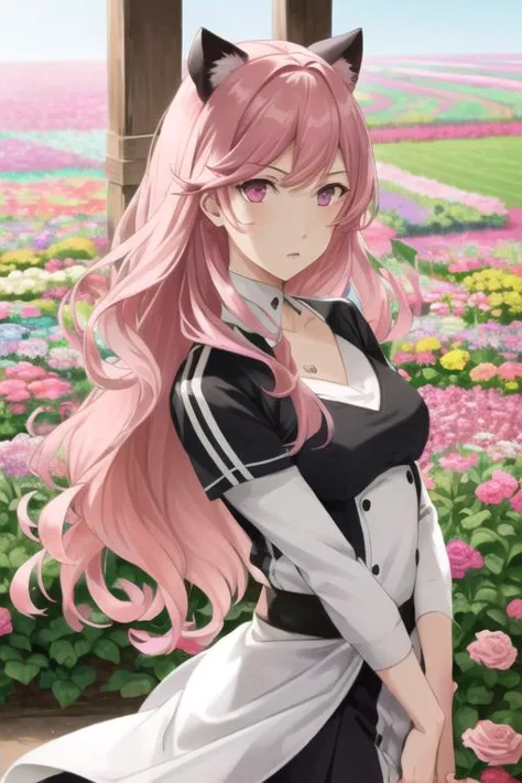 ((best quality)), ((highly detailed)), masterpiece, detailed face, beautiful face, (detailed eyes, deep eyes), (1girl), cowboy shot, (panther girl), panther ears, panther tail, (pink hair), pink eyes, pink tail, pink ears, pink clothes, (in a flower field), <lora:p5-anime_style_lc:.8>