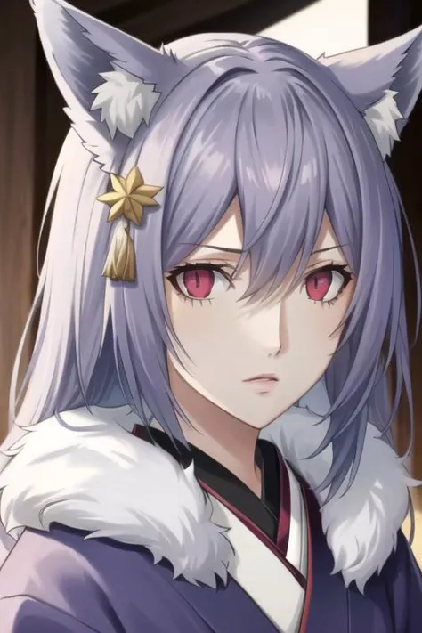 a close up of a person with purple hair and a cat ear