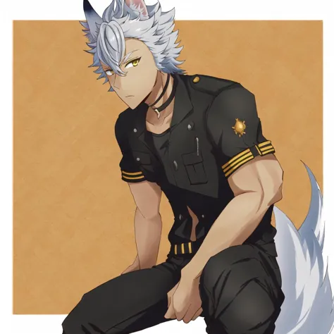 anime character with white hair and black uniform sitting on a chair