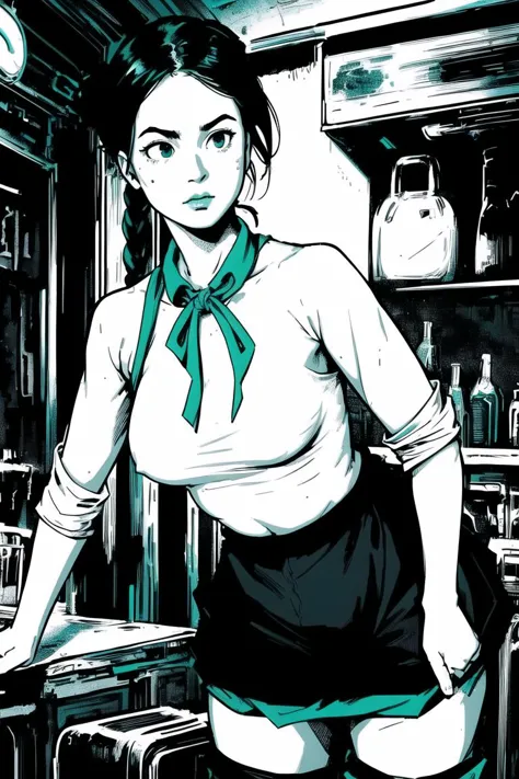 anime girl in a kitchen with a green tie and black skirt