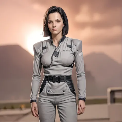 a woman in a futuristic suit standing in front of a sunset