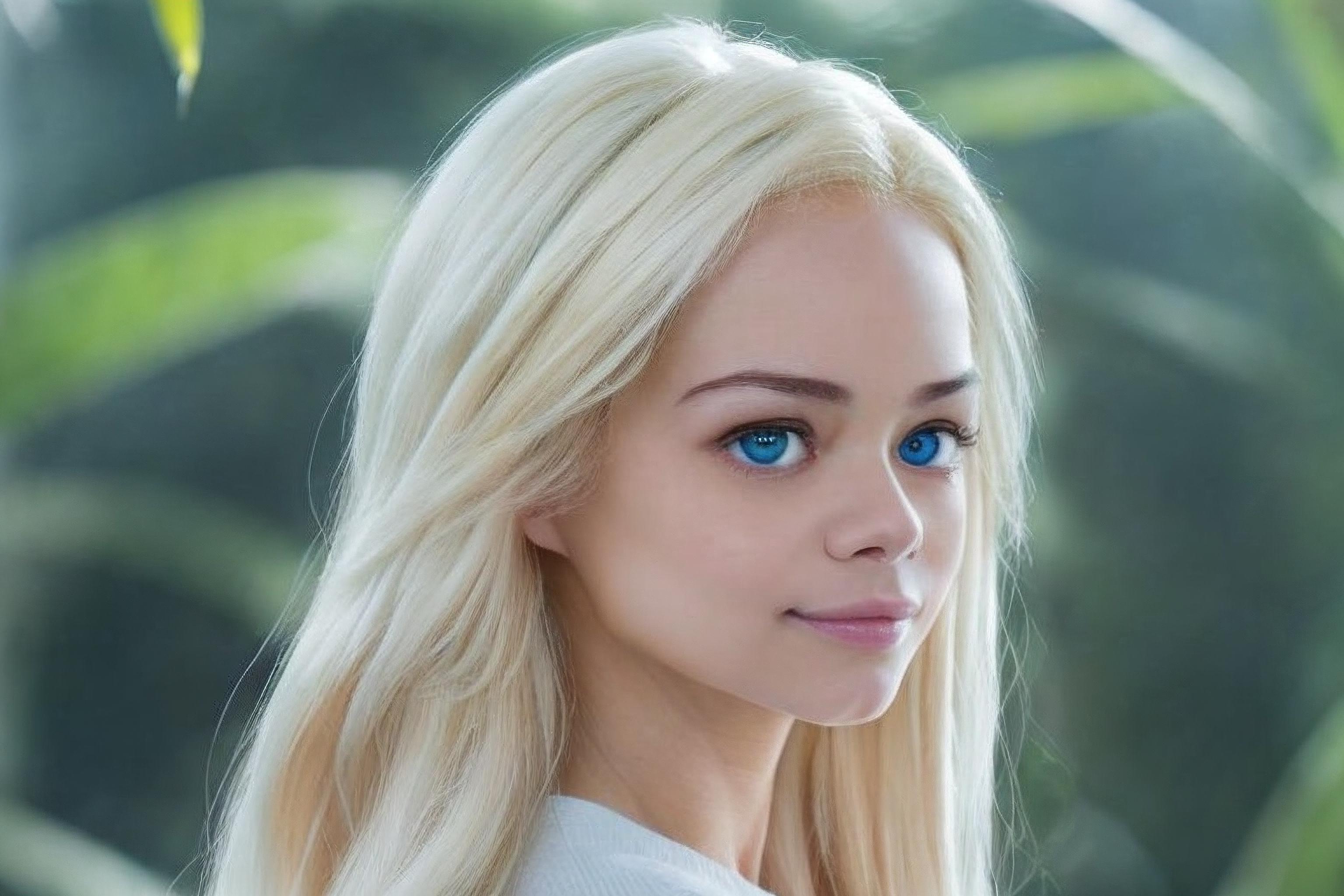 A close up of a woman with long blonde hair and blue eyes - SeaArt AI