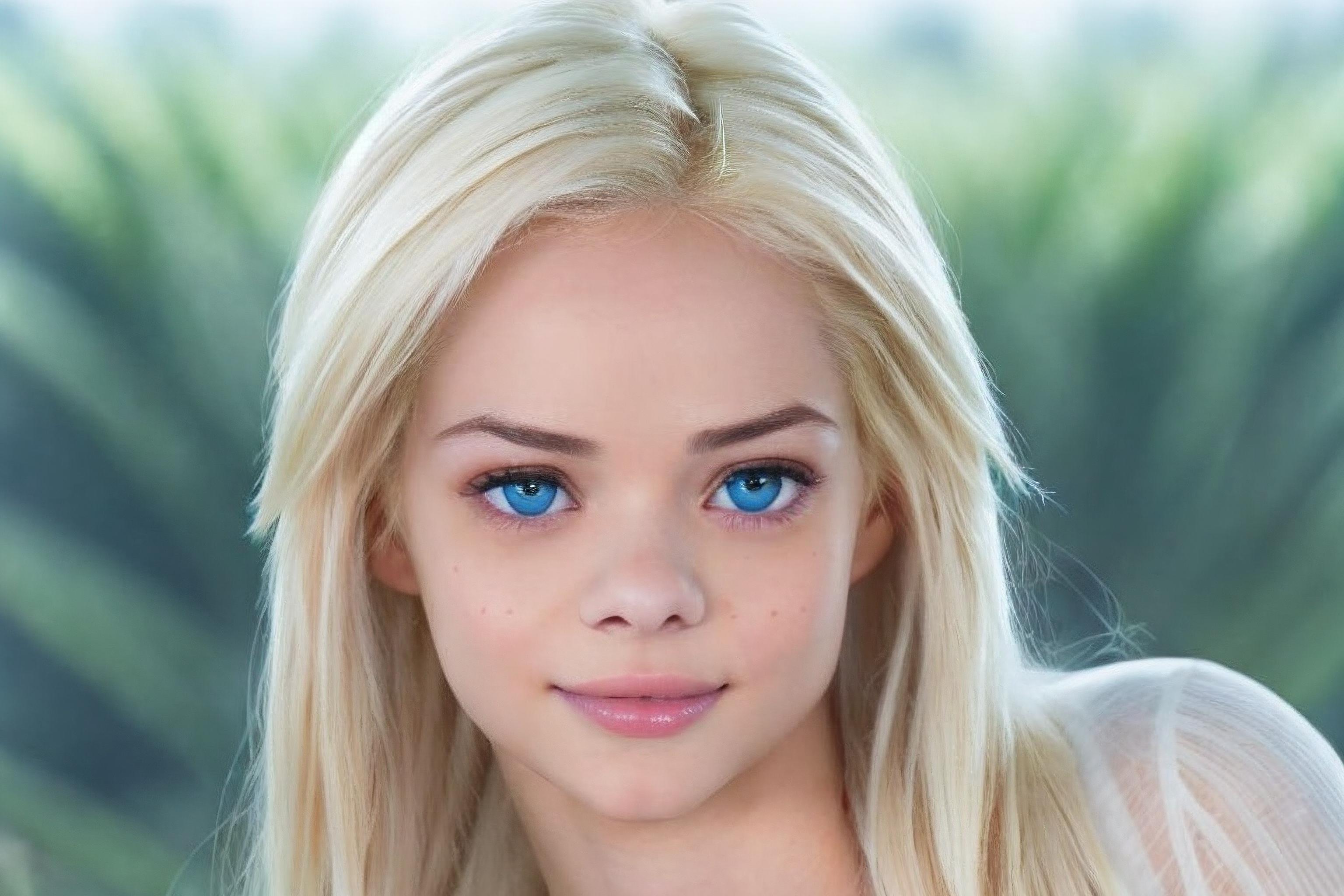 A close up of a woman with long blonde hair and blue eyes - SeaArt AI