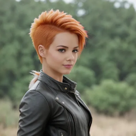 a woman, <lora:ElsaJean:0.7>, elsjn, redhead,(mohawk haircut:1.2), , leather jacket, posing, hdr, cinematic
