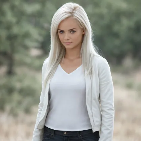 a woman, <lora:ElsaJean:0.7>, elsjn, white hairs, , jacket, posing, hdr, cinematic