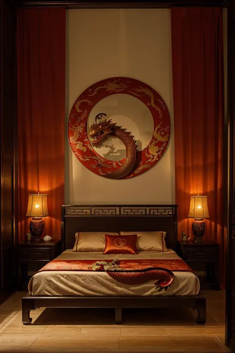 arafed bed with a dragon painting on the wall above it