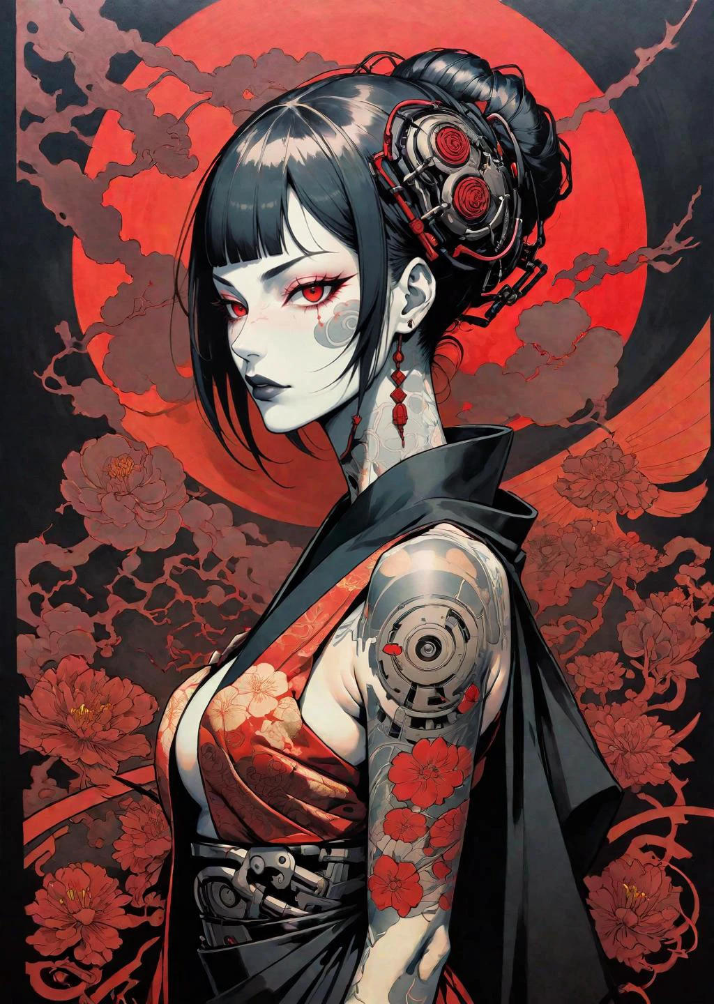 1 hembra,  cyborg kimono tatuaje sombra plana negro y rojo
 (obra de arte al estilo de Dave McKean Meobius Sam Bosma:1.5)