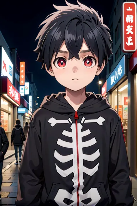 one 12-year-old boy named kabane_kusaka, standing alone in a city, his pupils are white his corona is red, he is wearing a black hoodie with a white skeleton pattern on its front, he has a smirk on his face,
draw it in the style of Kemono Jihen,
The soft lighting and detailed surroundings create an immersive environment where imagination runs wild hyper-detailed,
hyper-detailed face, high quality visuals, dim Lighting, sharply focused, octane render, 8k UHD