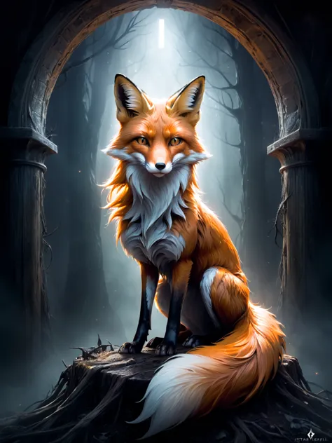 fox, cosmic, otherworldly, mysterious, grim, haunting, Vibrant Rim Light,  Eerie, unsettling, dark, spooky, suspenseful, grim, h...