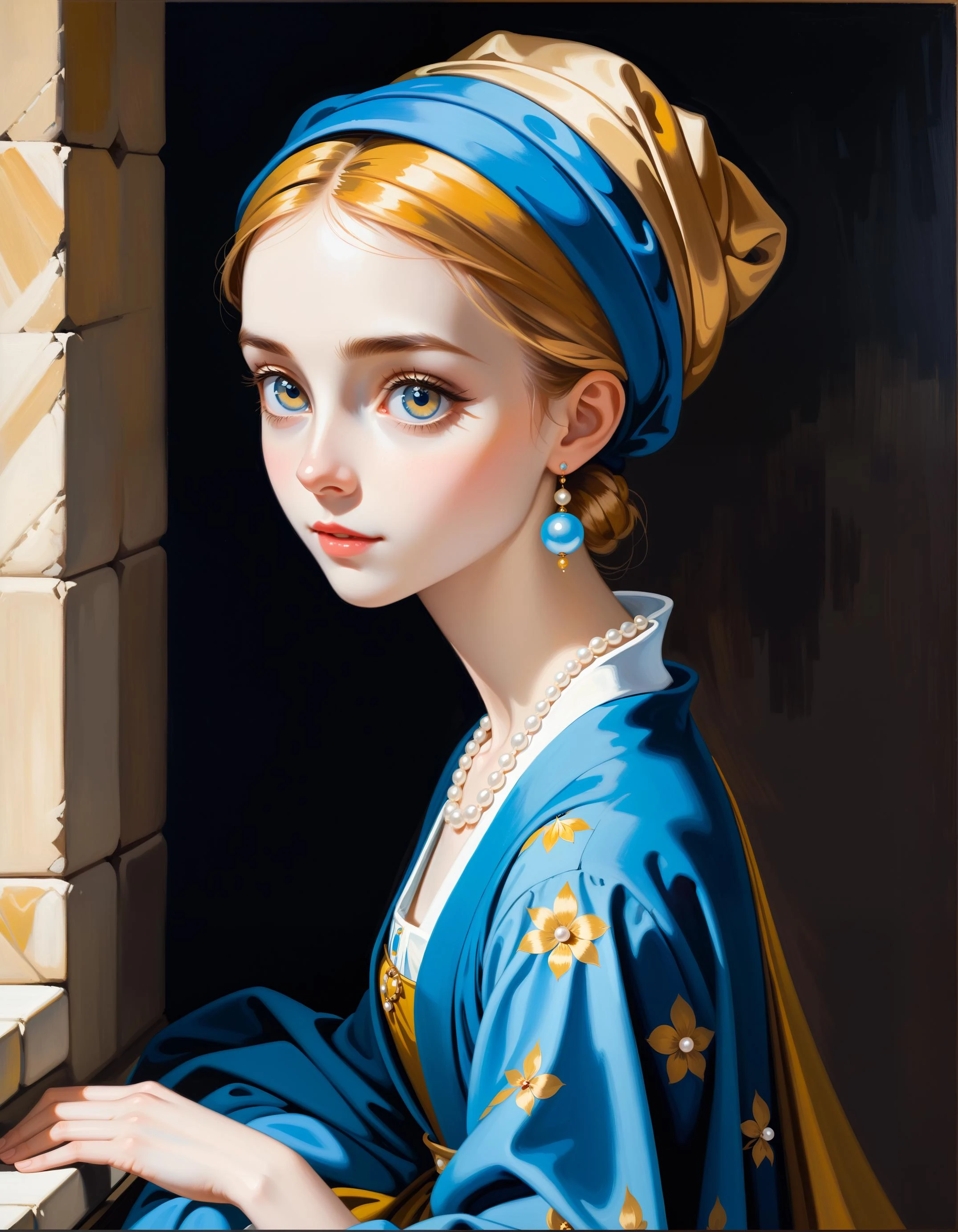 style disney, Johannes Vermeer (une fille avec une boucle d&#39;oreille:1.2) (anatomie parfaite) (taille fine:1.1) (Céleste), contours doux, yeux parfaits, pupilles sombres, magnifique, céleste, éthéré, pictural, épique, majestueux, magique, art fantastique, rêveur, pose unique, pose dynamique,
