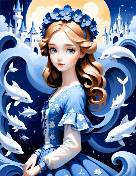 Estilo Disney, uma linda garota feita inteiramente de (Delft azul:1.2) em ambiente de porcelana, contornos suaves, olhos perfeitos, Pupilas escuras, Magnífico, celestial, etéreo, pictórico, épico, majestoso, mágico, arte de fantasia, sonhadores, Pose única, pose dinâmica,