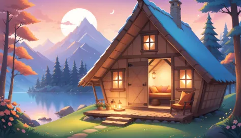 a cozy hut, soft outlines, magnificent, celestial, ethereal, painterly, epic, majestic, magical, fantasy art, dreamy, 