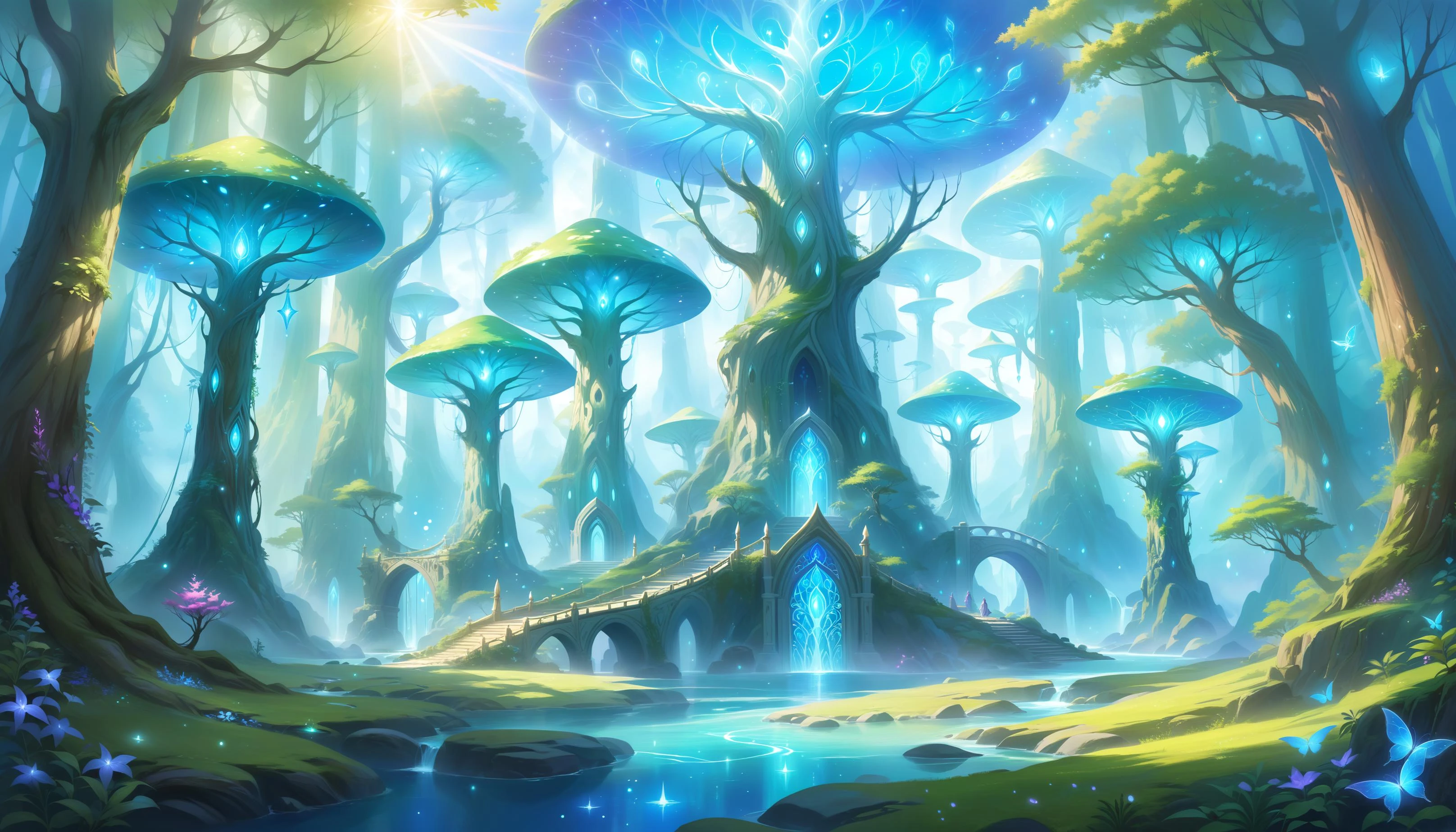 a 雄伟 神奇 ancient forest with bioluminesence inhabited by elven structures, 柔和的轮廓, 华丽的, 天上的, 缥缈, 绘画性的, 史诗, 雄伟, 神奇, 幻想艺术, 梦幻般的, 