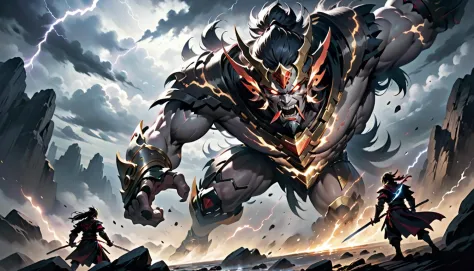 an epic battle, manga style, futuristic samurai face against a gigantic beast, full battle armor, rocky clearing, on a cliff, li...