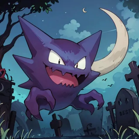 ((masterpiece,best quality)), 
<lora:Haunter_Pokemon_Anime:0.9>, Haunter_Pokemon, floating,  no humans, pokemon \(creature\),
solo, smiling, looking at viewer,
graveyard, crescent moon,
cinematic composition,