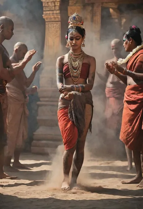 award wining masterpiece photograph conveying a sense of let go, full shot of an enticing flirtatious young girl performing a ritual dance surrounded by old monks in a dark smoky steaming antique indian temple, Perfect Hands, dust, ashes, tattoos, body paint, dim light, exquisite backlighting, refined editorial photography