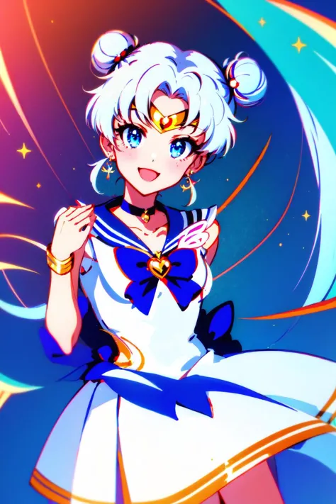 <lyco:Sailor_Cosmos-10:1> Sailor Cosmos, (masterpiece, fxaa, detailed hair, shiny skin) 1girl, solo, long hair, white choker, blue eyes, smile, white sailor collar, choker, signature, sailor collar, twintails, hair bun, sailor senshi uniform, double bun, facial mark, white hair, jewelry, forehead mark, open mouth, dress, magical girl, brooch, white dress, looking at viewer, :d, hair ornament, hairpin, own hands together, earrings, very long hair, collarbone