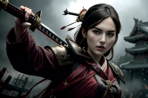 Tema de terror,  ângulo amplo,uma foto cinematográfica épica de camilla belle camillab mulher, Escuro brown hair, olhos castanhos em uma armadura lendária segurando uma katana épica com mãos perfeitas estilo samurai feminino, Japão feudal, Xogunato, estranho, perturbador, Escuro, assustador, suspense, grim, Altamente detalhado, (campo de batalha) , Sangue, fumaça, fogo