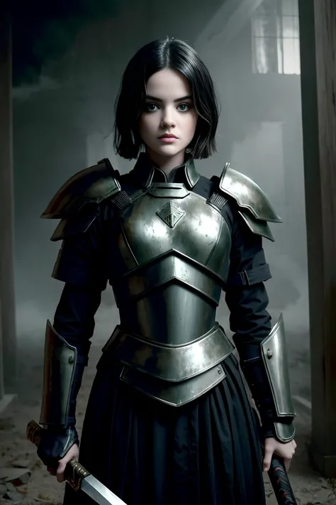 Tema de terror, uma foto cinematográfica épica de lucyhale, Escuro brown hair, olhos verdes em uma armadura lendária segurando um martelo épico com mãos perfeitas estilo samurai feminino, estranho, perturbador, Escuro, assustador, suspense, grim, Altamente detalhado