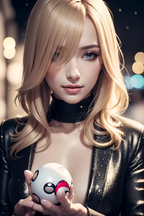 (RAW 8k photo) of cynthia_pok_ecsta, cynthia (pokemon), blonde hair, hair over one eye, grey eyes, hair ornament, black jacket dress, <lora:Cynthia_Pokemon_Ecsta:0.8>, (RAW photo, best quality), (realistic, photo-realistic:1.4), masterpiece, an extremely delicate and beautiful, extremely detailed, 2k wallpaper, Amazing, finely detail, extremely detailed CG unity 8k wallpaper, ultra-detailed, highres, soft light, mascara, makeup, beautiful detailed woman, (holding a pokeball), smiling, perfect anatomy, long hair, extremely detailed eyes and face, beautiful detailed nose, beautiful detailed eyes, cinematic lighting, photoshoot, outside, christmas backdrop, winter town scenery, christmas decorations, snow, nighttime