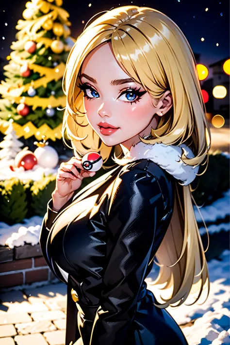 ((best quality)), ((masterpiece)), (intricate details, hyperdetailed:1.15), 35mm, bokeh, (perfect face, highest detailed face), (cowboy shot, mid-angle shot), fashion photography of cynthia_pok_ecsta, cynthia (pokemon), blonde hair, hair over one eye, grey eyes, hair ornament, black jacket dress, <lora:Cynthia_Pokemon_Ecsta:0.8>, <lora:bratz3-01:0.5>, lips, large breasts, beautiful, makeup, mascara, lip gloss, perfect eyes, long eyelashes, long hair, looking at viewer, (holding a pokeball), 8k, shiny, glow, (bloom), beautiful girl, photoshoot, outside, christmas backdrop, winter town square scenery, large christmas tree, christmas decorations, snow, nighttime