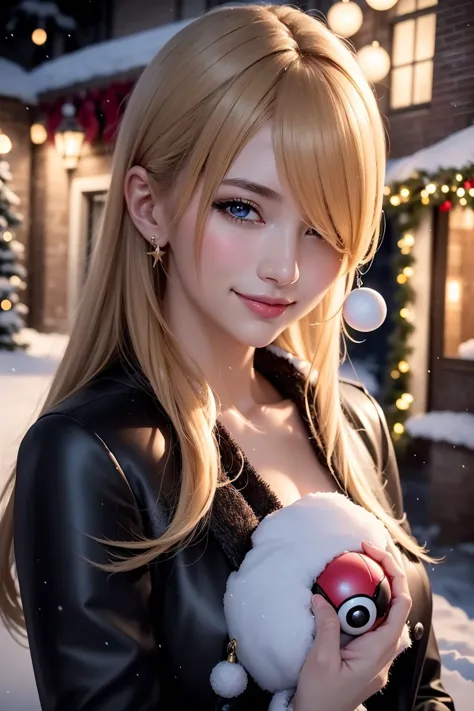 (RAW 8k photo) of cynthia_pok_ecsta, cynthia (pokemon), blonde hair, hair over one eye, grey eyes, hair ornament, black jacket dress, <lora:Cynthia_Pokemon_Ecsta:0.8>, (RAW photo, best quality), (realistic, photo-realistic:1.4), masterpiece, an extremely delicate and beautiful, extremely detailed, 2k wallpaper, Amazing, finely detail, extremely detailed CG unity 8k wallpaper, ultra-detailed, highres, soft light, mascara, makeup, beautiful detailed woman, (holding a pokeball), smiling, perfect anatomy, long hair, extremely detailed eyes and face, beautiful detailed nose, beautiful detailed eyes, cinematic lighting, photoshoot, outside, christmas backdrop, winter town scenery, christmas decorations, snow, nighttime