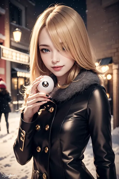 a close up of a woman in a black jacket holding a doughnut