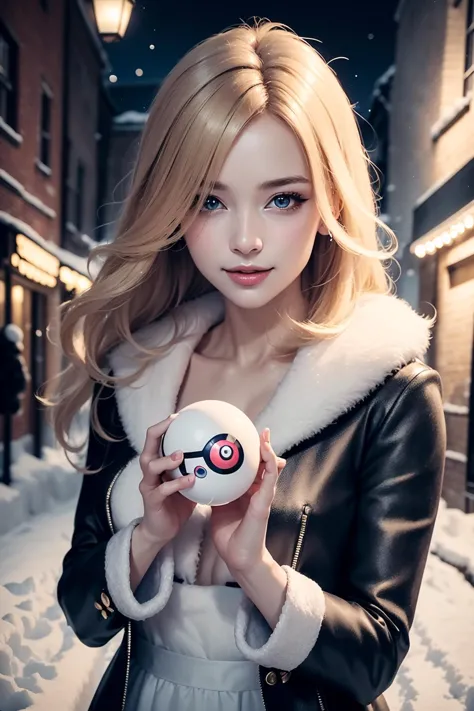 a close up of a woman holding a pokemon ball in a snowy street