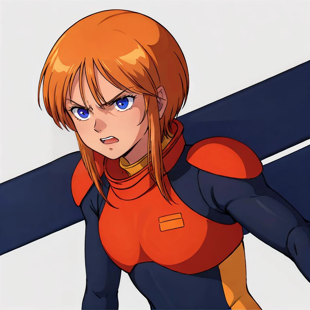 masterpiece,high quality,
elpeople,1,
plespacepilotsuit,
short hair,orange hair,bangs,short hair with long locks,sidelocks,hair between eyes,blue eyes,
black  spacepilotsuit,
gloves,
angry,