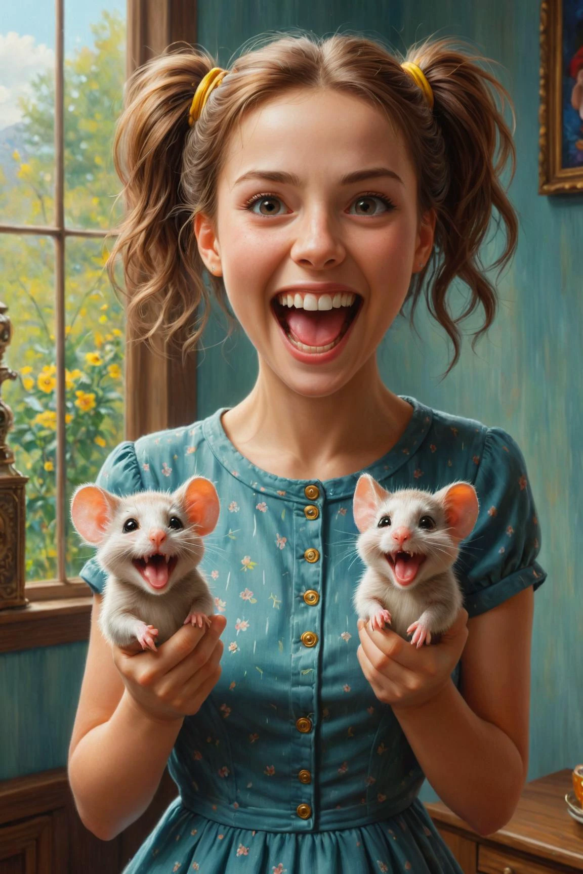 經過 (((洛瑞·厄利) 和凱莉·蘇·德康尼克 ) 和新海誠 ) 和葉夫根尼·盧什平, 柯達電影膠卷上的數位油畫棒，一個可愛的幸福女人舉著兩隻可愛的老鼠，同時瘋狂地笑, 雙持滑鼠 