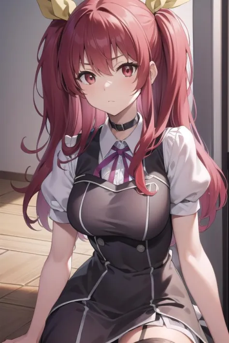 stellavermillion, <lora:stellavermillion-lora-nochekaiser:1>,
stella vermillion, hair between eyes, hair intakes, hair ribbon, long hair, (red eyes:1.5), red hair, two side up, yellow ribbon,
BREAK black choker, choker, emblem, garter straps, neck ribbon, plaid, puffy short sleeves, puffy sleeves, purple ribbon, red hair, ribbon, school uniform, shirt, short sleeves, skirt, thighhighs, white shirt, white skirt,
BREAK looking at viewer,
BREAK indoors, classroom
BREAK <lyco:GoodHands-beta2:1>, (masterpiece:1.2), best quality, high resolution, unity 8k wallpaper, (illustration:0.8), (beautiful detailed eyes:1.6), extremely detailed face, perfect lighting, extremely detailed CG, (perfect hands, perfect anatomy),