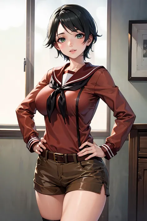 anime girl in a short skirt and a brown shirt posing for a picture