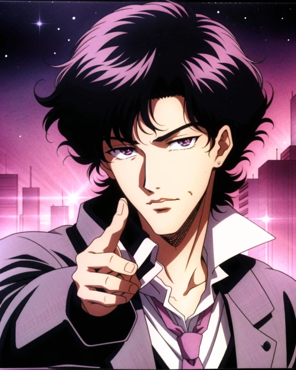 90s vibe, solo, black hair, 1boy, male focus, necktie, retro artstyle, 1990s \(style\), suit, messy hair, pointing at viewer, pointing, night city background, spike \(cowboy bebop\), handsome, sexy, pink overlay, noisy
 