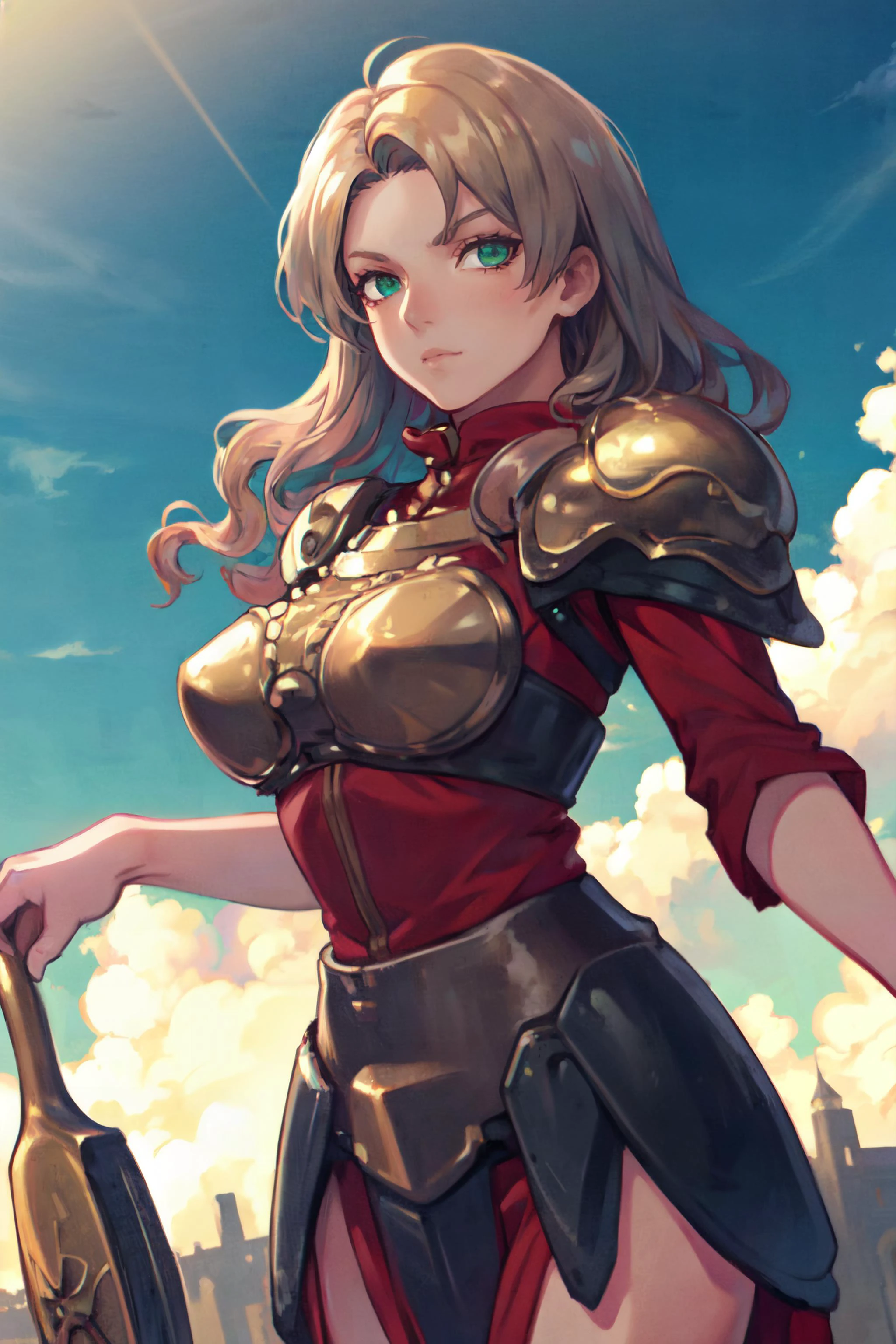 (masterpiece, best quality, ultra detailed, beautiful illustration), atmospheric perspective, depth of field, looking at viewer, beautiful detailed eyes, anime eyes:1.4, (cowboy shot), sexy pose, dynamic angle, (outdoors, medieval castle, blue sky, clouds), 1girl,  serious expression, (huge breasts), long hair, dark blonde, viridian green eyes, hair at one side, red outfit, bronze armor,