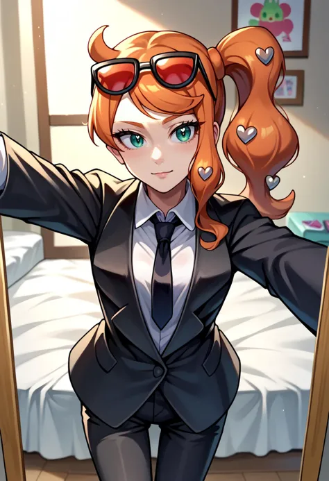 score_9, score_8_up,score_7_up, source_anime,1girl, solo, <lora:EPpkSonia-10:1> , EPpkSonia, orange hair, side ponytail, aqua eyes, long hair, eyewear on head, sunglasses, heart hair ornament,   business suit, black pants, white collared shirt, black suit, black jacket, black necktie, selfie, taking picture, mirror selfie, bedroom, bed, mirror,