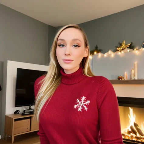 arafed woman in a red sweater standing in front of a fireplace