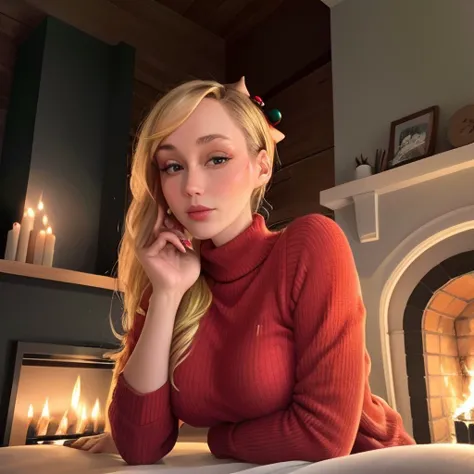 araffed woman in red sweater sitting on a couch in front of a fireplace