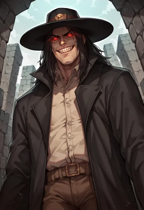 score_9, score_8_up, score_8, source_anime, 1boy, <lora:Caleb:0.8> black hat, solo, red eyes, glowing eyes, black coat, long hair, view from below, smirk, teeth, 
catacomb background, stone wall, blurry background,